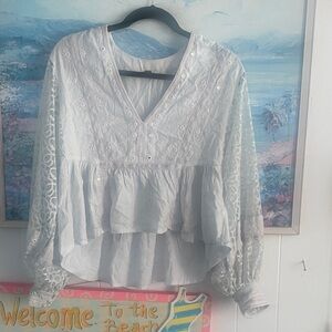 Free People Light Blue Lace Blouse